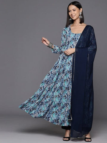 Varanga Women Blue Floral Printed Anarkali Kurta Paired With Dupatta